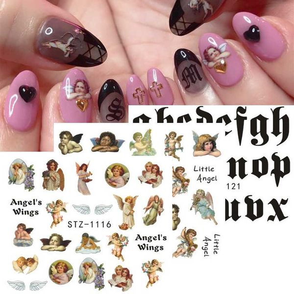 

stickers decals 1pcs angels stickers for nails rose letters design water transfer decals nail decor cherub sliders for manicure glstz1114112, Black