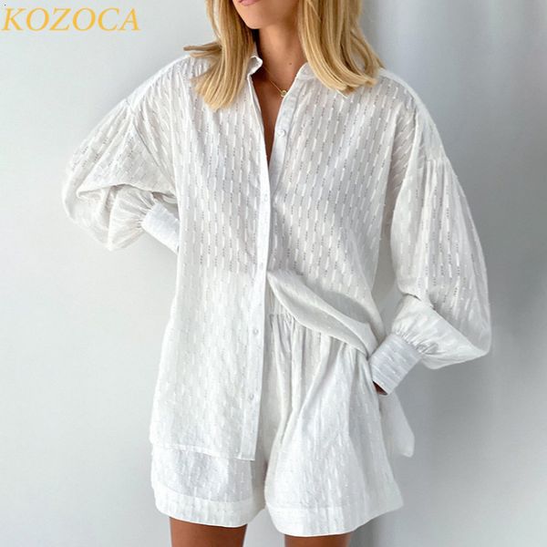 

women's tracksuits kozoca women jacquard 2 piece short set casual outfits puff long sleeve button down shirt summer loose tracksuit 23, Gray