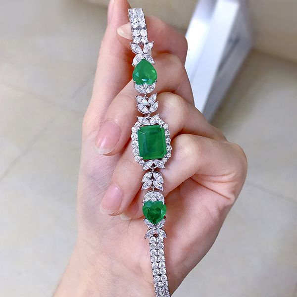 

luxury flower emerald diamond bangle bracelet 100% real 925 sterling silver wedding bracelets for women bridal promise jewelry, Golden;silver