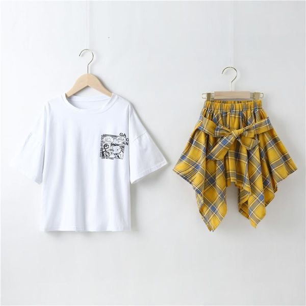 

clothing sets junior girl clothing summer short sleeve t-shirt plaid skirt 2pcs set kids loungewear teenage girls cartoon print outfits 2304, White