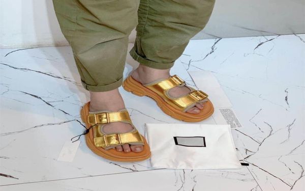 

origin package silver gold metal leather slides white cowskin real leather platform sandals temperament women shoestradingbear9955966, Black