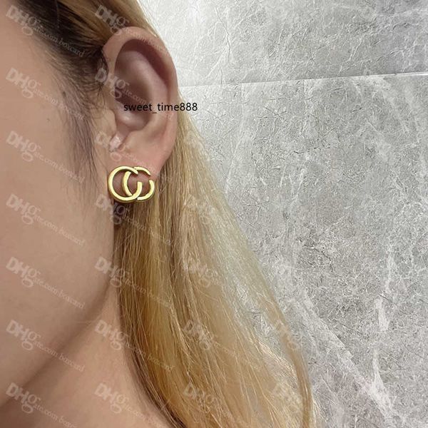 

chic double letter charm earrings with gift box embossed stamp studs eardrop dangler for women party anniversary, Golden