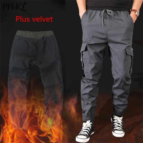 

pants pfhq 2022 new men's winter thick warm cargo pants casual fleece pockets fashion baggy jogger work clothing cool trousers 21q1495, Black