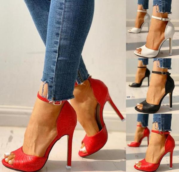 

high heel sandals for women red office ol business ankle strap peep toe snakeskin wedges shoes sandalias d308528477, Black