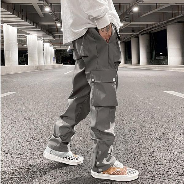 

pants new high street multipocket casual trousers for men and women side breasted drawstring cargo pants harajuku solid loose pants, Black