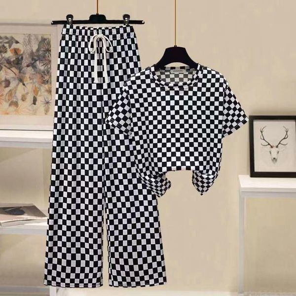 

pants plaid casual pants suit women's summer new fashion retro round neck ice silk tshirt high waist wide leg pants twopiece set, White
