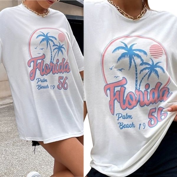 

men's tshirts allmatch coconut tree letter print short sleeve women summer loose 230421, White;black