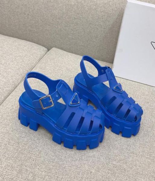 

blue monolith platform gladiator rubber sandals triangle logo smooth leather shoes for women luxury designer anklestrap chunky lu7392850, Black