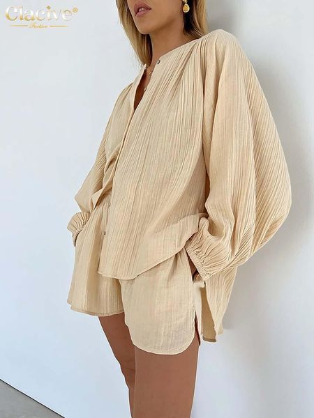 

dress clacive elegant long sleeve blouse set of two fashion pieces for women summer apricot shorts set casual loose suits with shorts, White