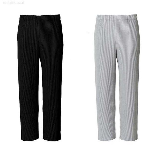 

men's pants high-quality men women pleated homme plisse sweatpants joggers drawstring straight fashion casual summer ice silk trousersh, Black