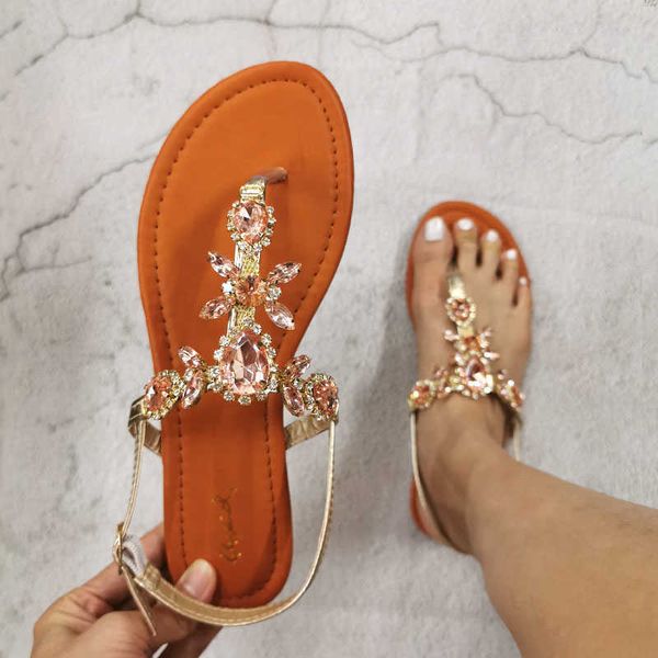 

sandals 2023 trendy summer women's shoes large size beautiful crystal shiny flat with female sandals bohemia back strap footwear j23042, Black