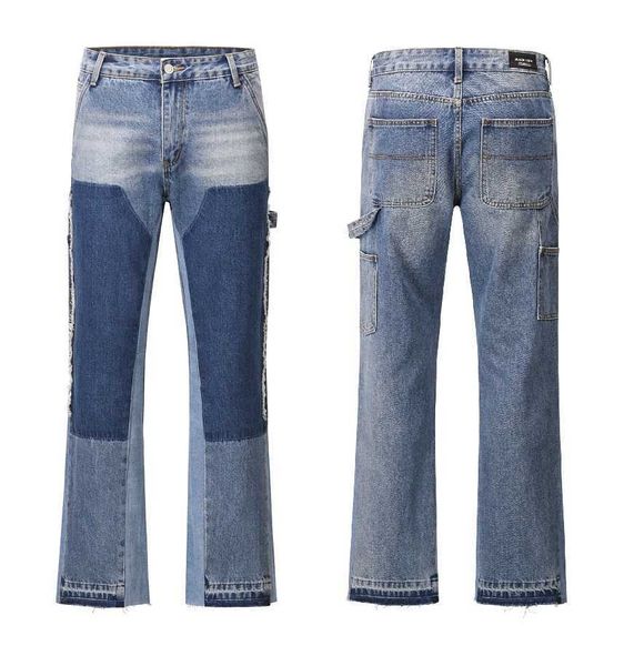 

men's jeans american ins trendy high street splice loose worn vintage jeans men's micro horn casual pants, Blue