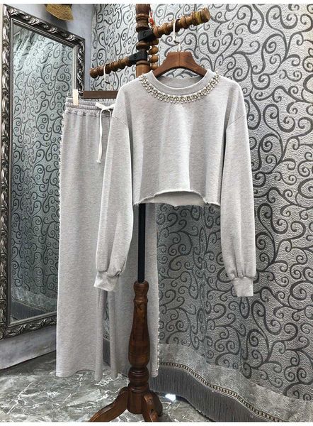 

pants women's set 2022 autumn winter 2 piece tracksuits ladies beading long sleeve sweatshirt+long grey black pant sets, White