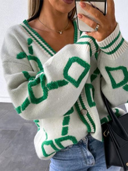 

sweaters knitted print women's vneck sweater cardigan long sleeve casual loose patchwork knitwear female 2022 winter chic lady sweaters, White;black