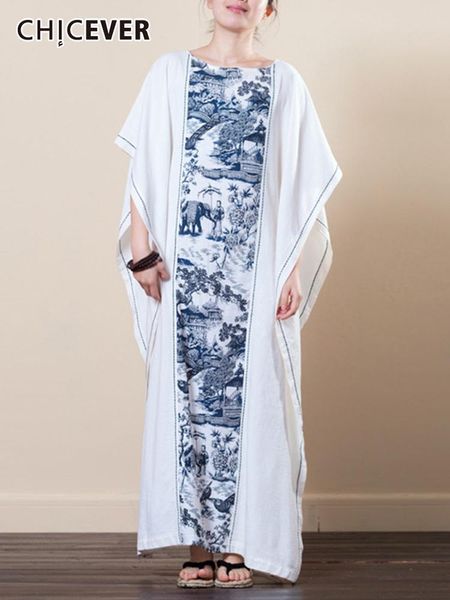 

dresses chicever colorblock print dress for women round neck long batwing sleeve loose waist casual dresses female 2022 spring clothing, Black;gray