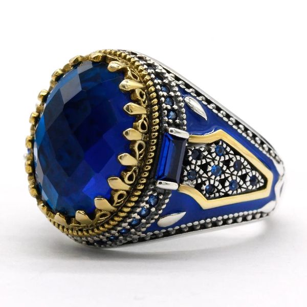 

turkish jewelry men's ring with blue glass stone 925 sterling silver vintage king crown cz enamel ring ladies and men's gifts