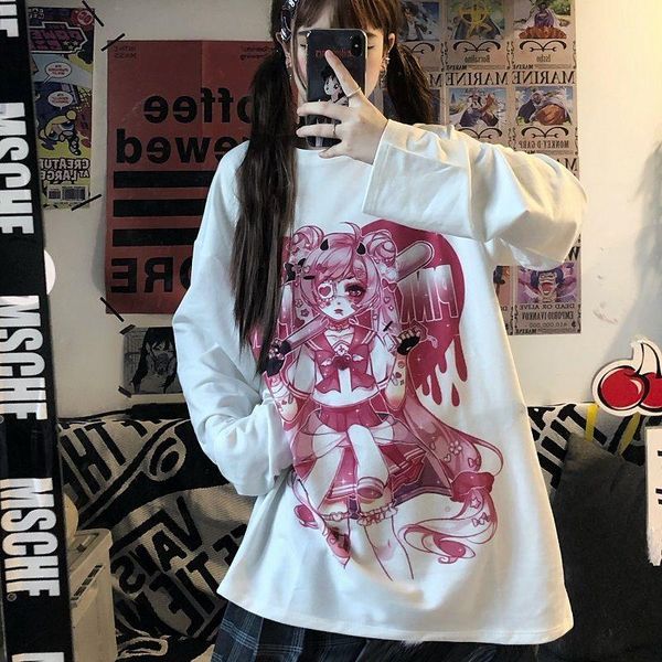 

t-shirt hip hop streetwear style harajuku t shirt femme cartoon anime tshirt clothes print loose round neck long sleeve tees women, White