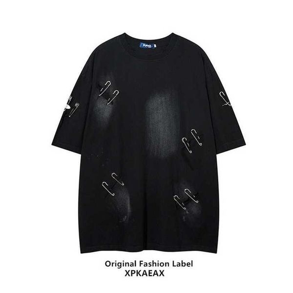 

22% off hip hop trendy niche design sense pin short men and women's ins couple street punctured half sleeved t-shirt, White;black