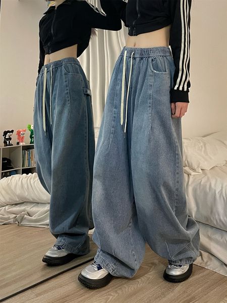 

women's jeans y2k retro solid color washed high waist oversized loose drawstring wide leg harajuku casual simple women 230422, Blue