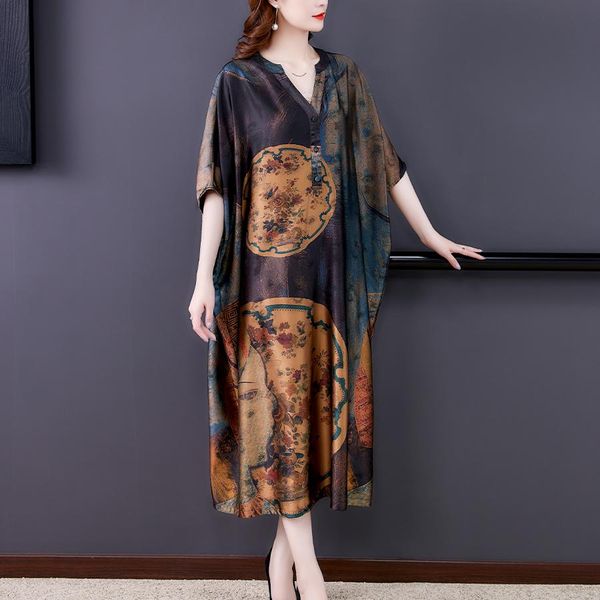 

dresses mulberry silk dresses women's new summer long dress female fashion loose v neck highend print pullover dresses, Black;gray