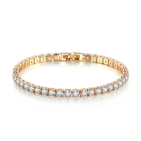 

zircon tennis bracelet single row 4mm round full diamond gold chain cross-border hip hop jewelry, Golden;silver