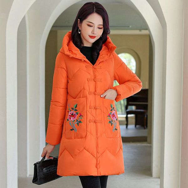 

leather chinese style winter cotton jacket retro button floral embroidered cottonpadded jacket winter clothes women parkas, Black