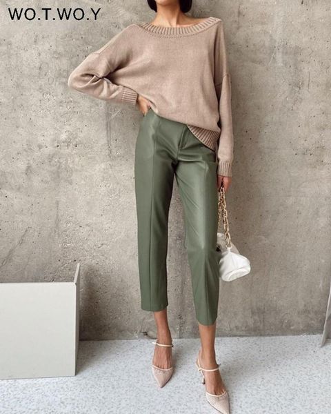 

capris wotwoy elegant spliced pu leather pants women high waist office lady fomal trousers female black straight pants with pockets, Black;white