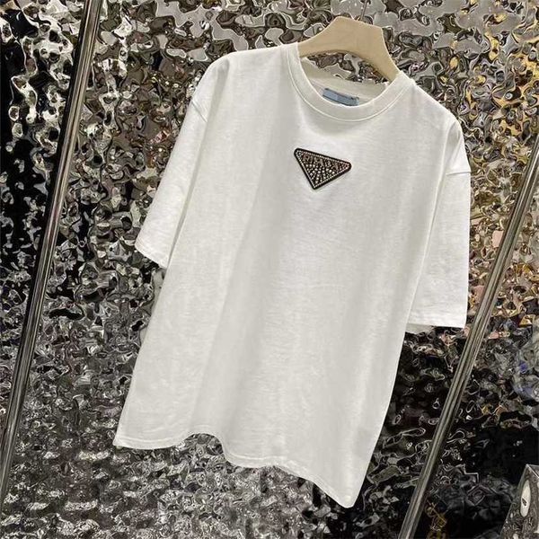 

24% off chaopai family early spring new product heavy industry rhinestone triangle round neck versatile short sleeve t-shirt overlay top, White