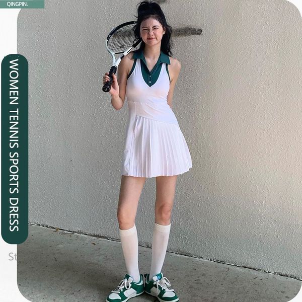 

casual dresses women v neck tennis dress workout tennis badminton polo dresses high waist anti-empty skirt dress active wear with chest pad, Black;gray