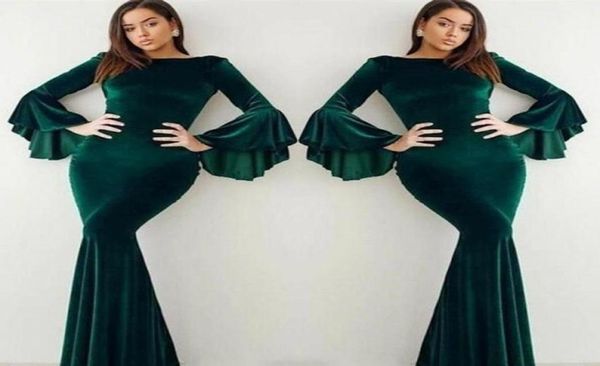 

2019 velvet dark green evening dress elegant arabic dubai flare long sleeves holiday women wear formal party prom gown custom made7176738, Black;red
