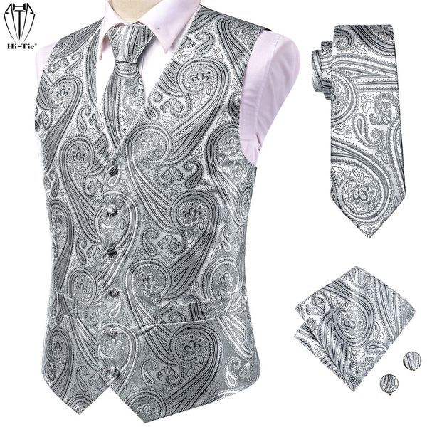 

blazers hitie silver silk mens suit vest tie set jacquard sleeveless waistcoat jacket necktie hankerchief cufflinks sky blue mint beige, White;black