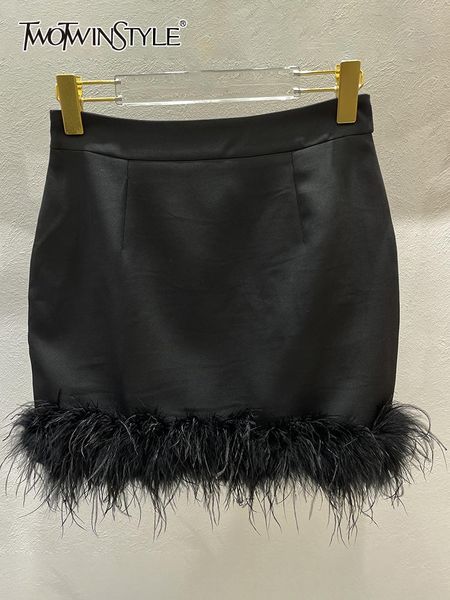 

capris twotwinstyle casual patchwork feathers skirt for women high waist a line mini skirts female fashion summer clothing style 2022, Black;white