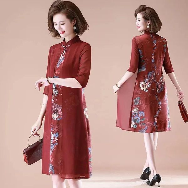 

dresses mom's summer cheongsam dress westernstyle middleaged wedding dress hi motherinlaw wedding dress new highend skirt m1009, Black;gray