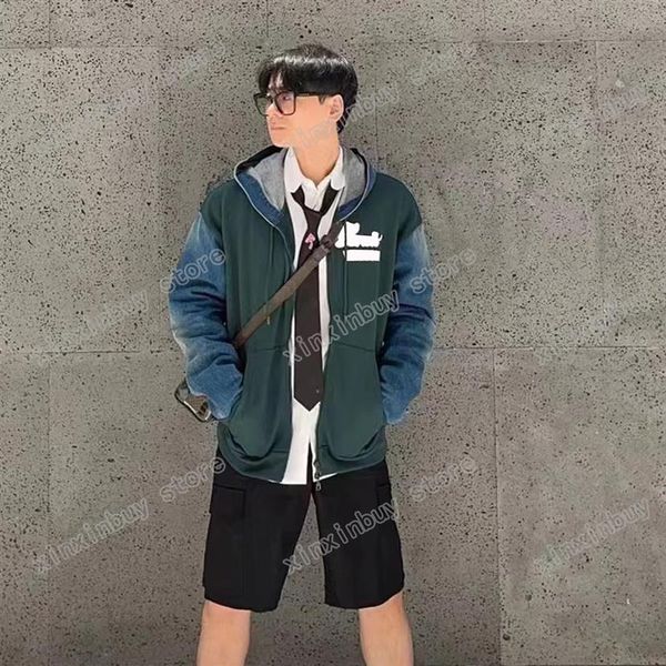 

xinxinbuy men designer coats jacket denim panelled letter print paris long sleeve women black khaki blue m-3xl268d, Black;brown