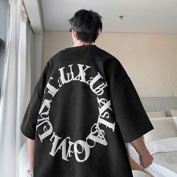 

er geng suede t-shirt for men's summer american high street 3d short sleeve design feel loose hip hop fashion half sleeve, White;black