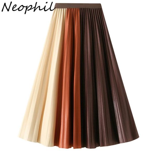 

capris neophil 2022 autumn pleated midi skirts women elegant fashion jupe femme elastic high waist contrast color korean skirt s220701, Black;white
