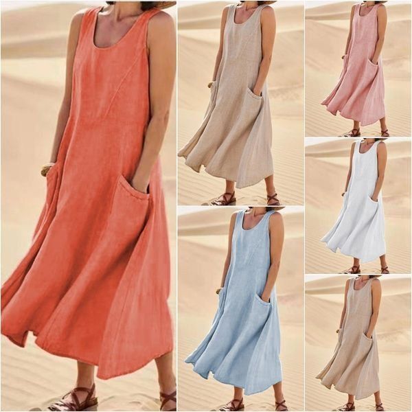 

Dress for woman Summer Women Sleeveless designer dress Sundress Elegant Round Neck Cotton Linen Solid Long Tank Dress Vintage Pockets Beach Vestidos, Khaki