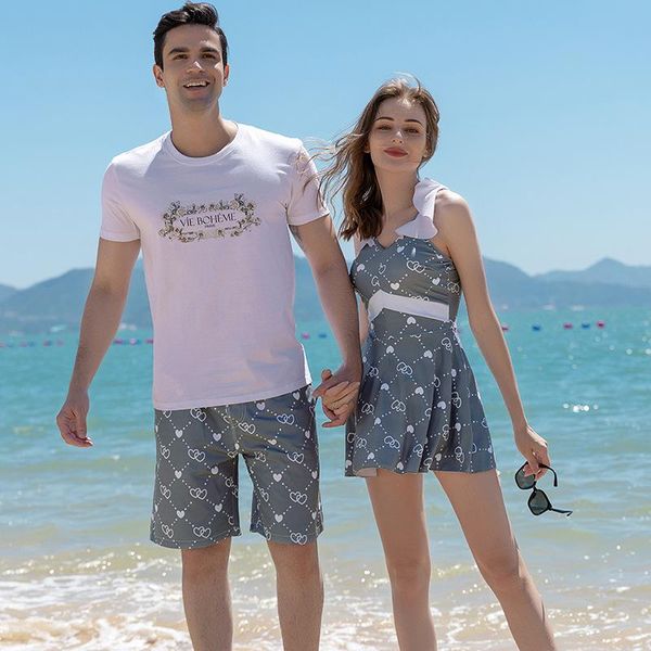 

tracksuits new couple vacation swimsuit quickdrying beach shorts men's tshirt seaside onepiece women's swimwear, Gray