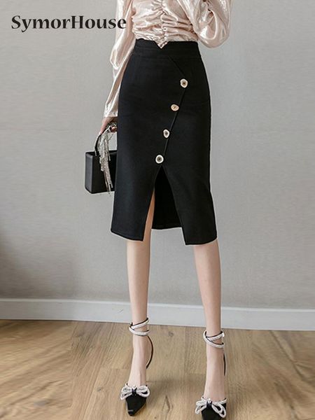 

dresses 2022 summer stylish solid khaki black button skirt women high waist elastic bodycon midi split pencil skirts female, White;black