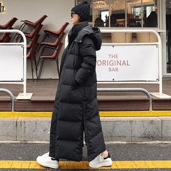

leather long winter jacket parka hem extra maxi xlong women coat casual loose overcoat female clothing outerwear cotton down hood fluff, Black