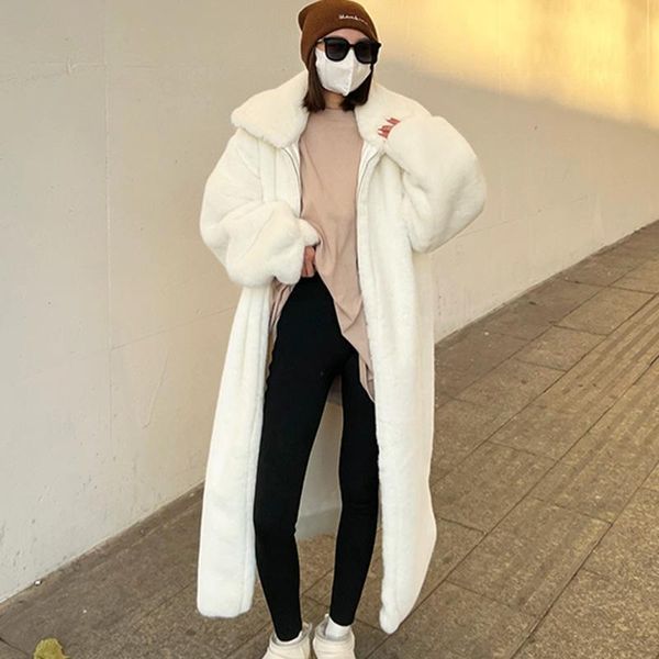

fur 2022 new winter thickened faux fur coat female white extended lapel leisure overcoat zipper plush jacket women, Black