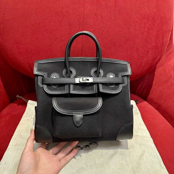 

genuine cargo tote h ermes birkin bag cargo25 black silver button canvas with leather handbag girls' bag pure hand sewn ff