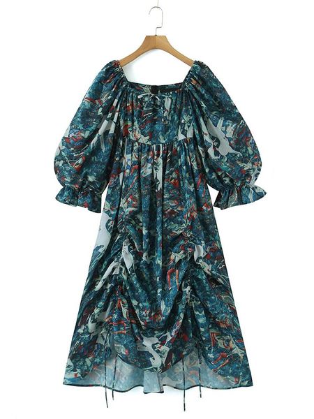 

dresses yenkye summer women vintage floral print big swing long dress puff sleeve female square neck holiday party dresses, Black;gray
