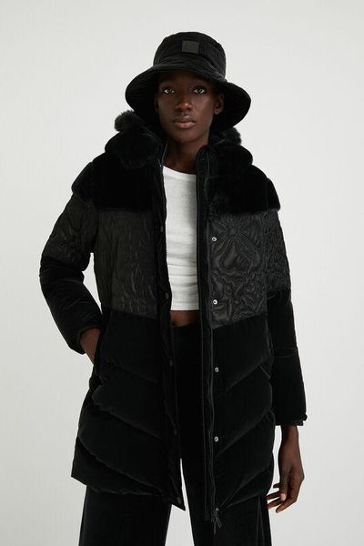 

leather spain 2022 women's black golden velvet splice dark flower cotton coat