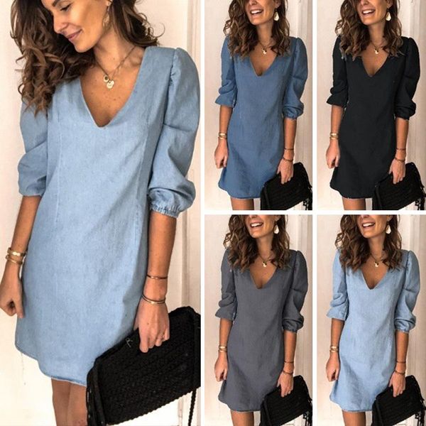 

dresses dress 2021 summer women's sundress fashion casual v neck half sleeve jean dress solid loose dresses plus size vestidos, Black;gray