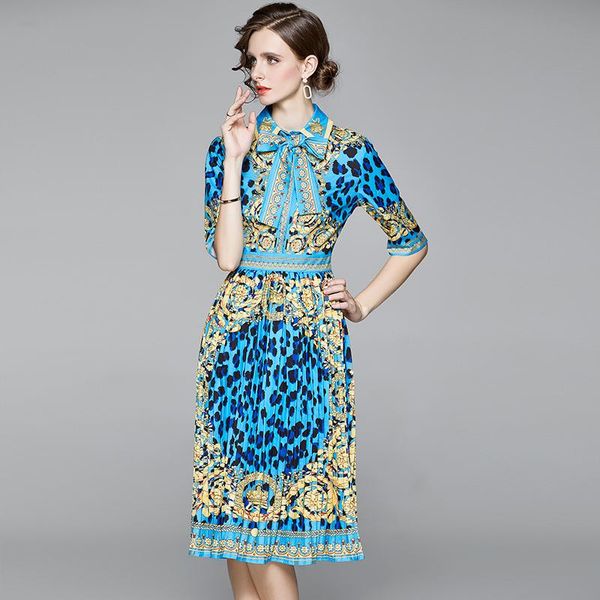 

dresses new fashion polo collar bow leopard print pleated dress office lady midcalf regular turndown collar midi dresses, Black;gray