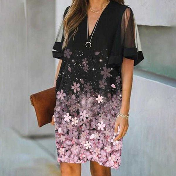 

womens fashion casual dresses flower positioning printed v neck lace short, Black;gray