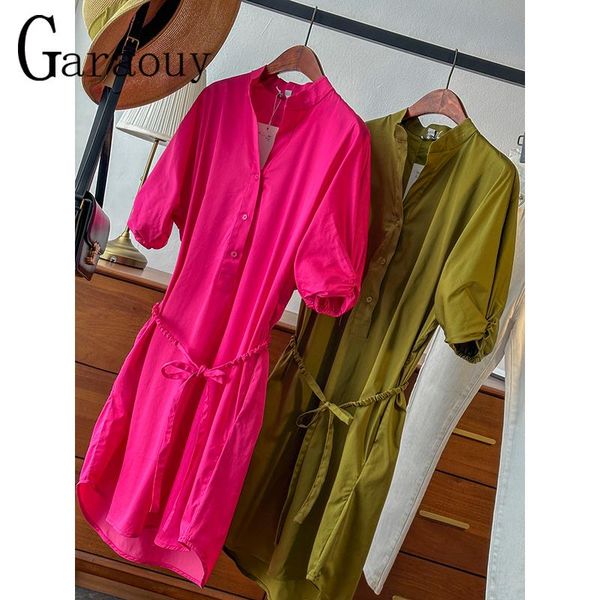 

dresses garaouy 2023 summer women's stand collar medium length shirt dress loose puff sleeve single breasted belt dresses vestidos muje, Black;gray