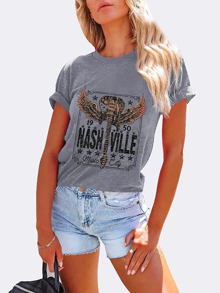 

2023 summer women's t-shirt new trend european and american guitar wing rock 3d print round neck loose short sleeve ladies top, White