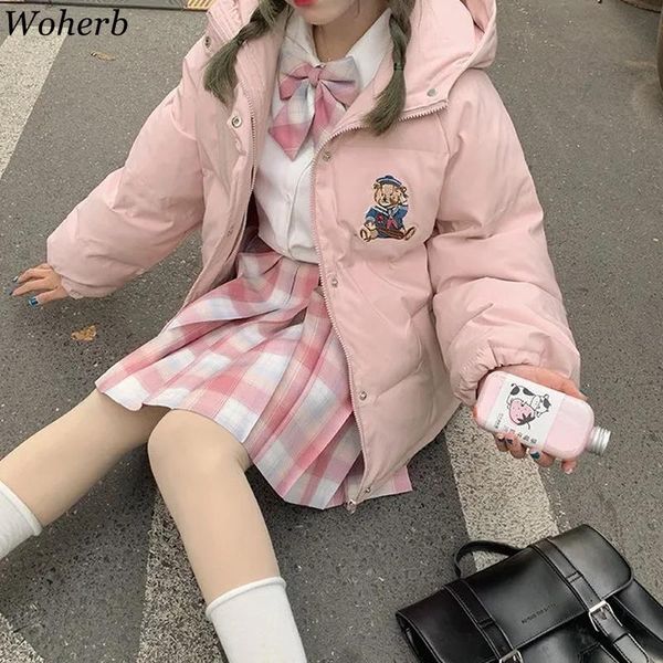 

leather woherb cute kawaii winter coat women bear embroidery hooded parka sweet soft girl loose wadded jackets 2022 korean jackets, Black